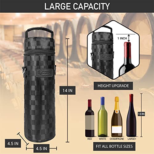 opux Wine Bag Single Bottle Carrier Tote, Insulated Wine Cooler Bag for Travel Picnic Beach with Shoulder Strap, Thermal One Bottle Holder Carrying Case Wine Gift for Women Men, Black Squares - Image 3
