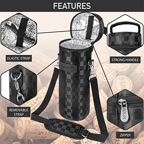 opux Wine Bag Single Bottle Carrier Tote, Insulated Wine Cooler Bag for Travel Picnic Beach with Shoulder Strap, Thermal One Bottle Holder Carrying Case Wine Gift for Women Men, Black Squares - Image 4