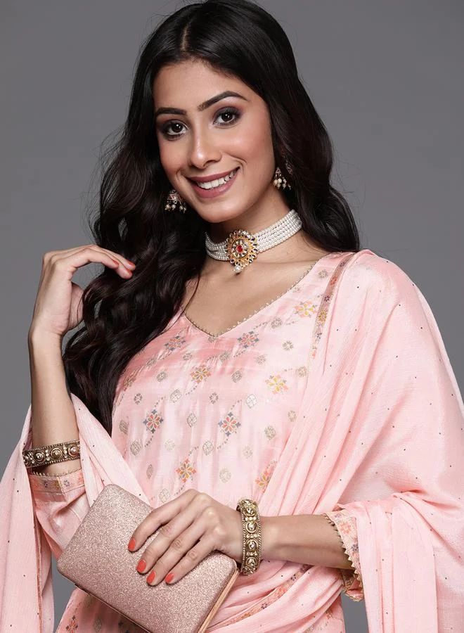 Libas Silk Blend Zari Work Kurta and Solid Trouser with Chiffon Embellished Dupatta Set by Styli