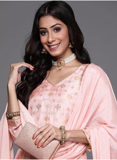 Libas Silk Blend Zari Work Kurta and Solid Trouser with Chiffon Embellished Dupatta Set by Styli  - Image 4