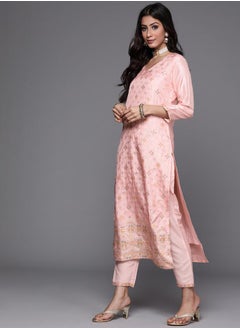 Libas Silk Blend Zari Work Kurta and Solid Trouser with Chiffon Embellished Dupatta Set by Styli  - Image 2