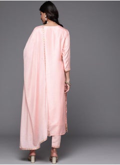 Libas Silk Blend Zari Work Kurta and Solid Trouser with Chiffon Embellished Dupatta Set by Styli  - Image 3
