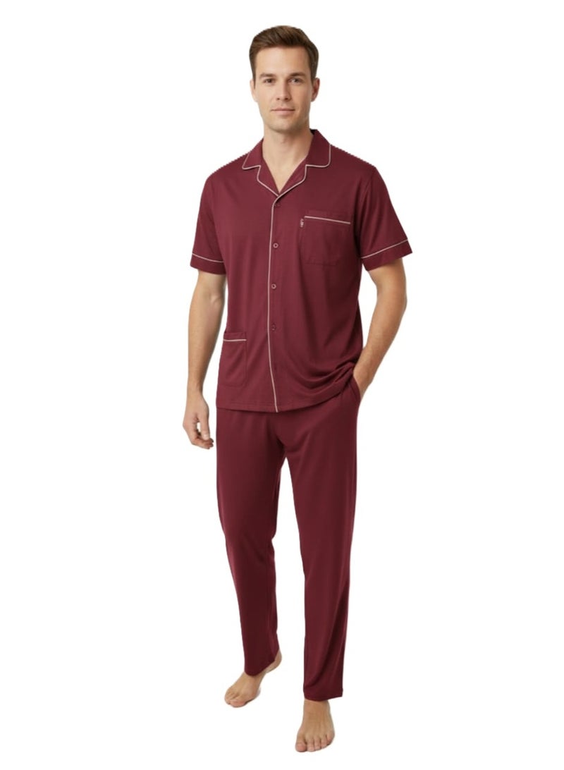 Men Summer Pajama Set Plain Top & Plain Bottom
