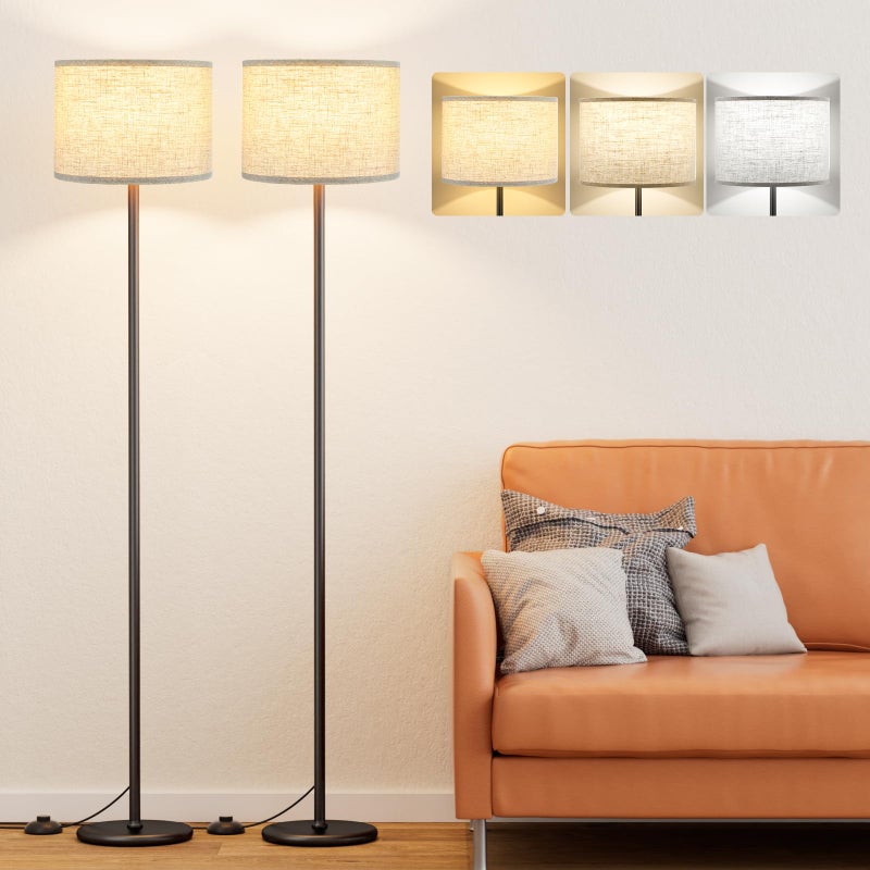 Ambimall 60'' Modern Floor Lamp Set of 2, 2PK Tall Lamps for Living Room Bedroom, Beige Shade with Black Pole(Without Bulb) - Image 1