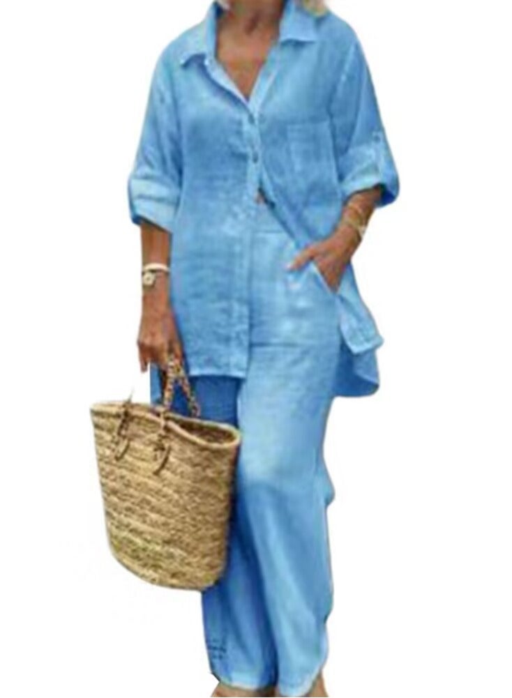 Loquat Women's Solid 2 Piece Set Long Sleeve Blouse And Loose Pants Casual Suit Blue 