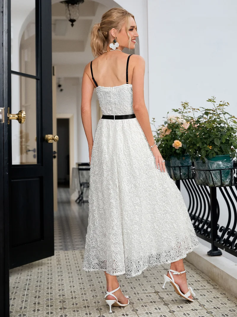Simplee Strapless Strap Lace Maxi Dress, Wavy Lace Hem, Gentle Fairy Long Dress