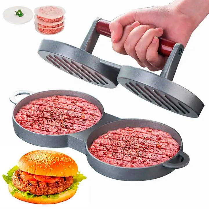 ZETTRAP Burger Press Patty Maker Double Burger Press Meat Pie Mold with Wooden Handle Grill Press Kitchen Dining Round Shape Burger Press Patty Maker for Home, Hotel Kitchen (A_2) - Image 4