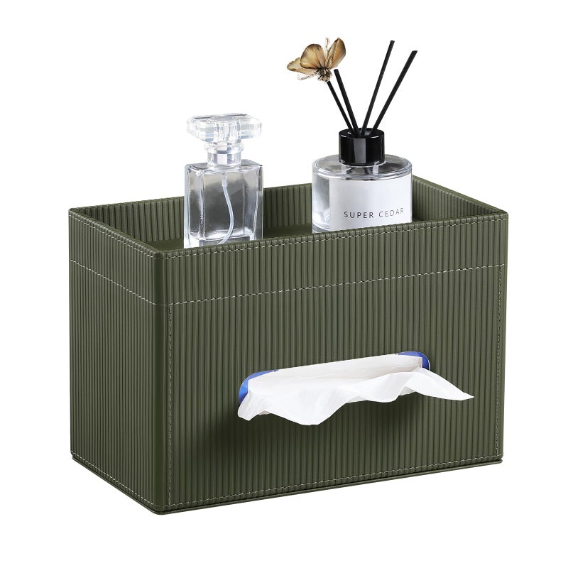 Cretkhp Rectangular Tissue Box Cover with Storage Tray PU Leather Tissue Box Holder for Bathroom Vanity Countertop Night Stands Bedroom Office Desk Stylish Tissue Holder Decorative Organizer Green - Image 2
