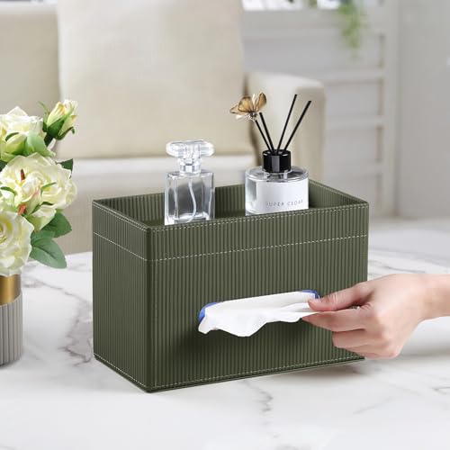 Cretkhp Rectangular Tissue Box Cover with Storage Tray PU Leather Tissue Box Holder for Bathroom Vanity Countertop Night Stands Bedroom Office Desk Stylish Tissue Holder Decorative Organizer Green - Image 3