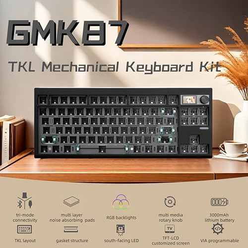 Cmokifuly GMK87 TKL Mechanical Keyboard Kit Tri-Mode for 3/5pin Switches,85 Keys+Rotary Knob+TFT-LCD Screen Hotswap PCB Gasket Mounted,VIA Programmable DIY Keyboard Kit (Black) - Image 2