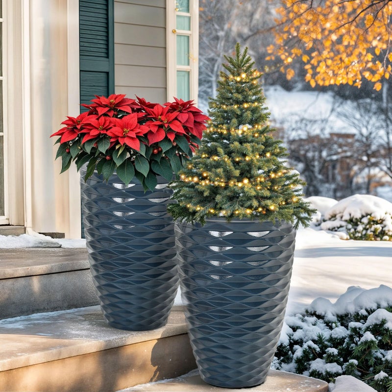 Ultym 19" H Coastal Planter for Indoor/Outdoor Plants, Set of 2 Large Flower Pot with Drainage Hole, Weather/UV Resistant Resin Planters for Garden Patio Porch Home office Decor, Glossy Navy Blue Wavy - Image 2