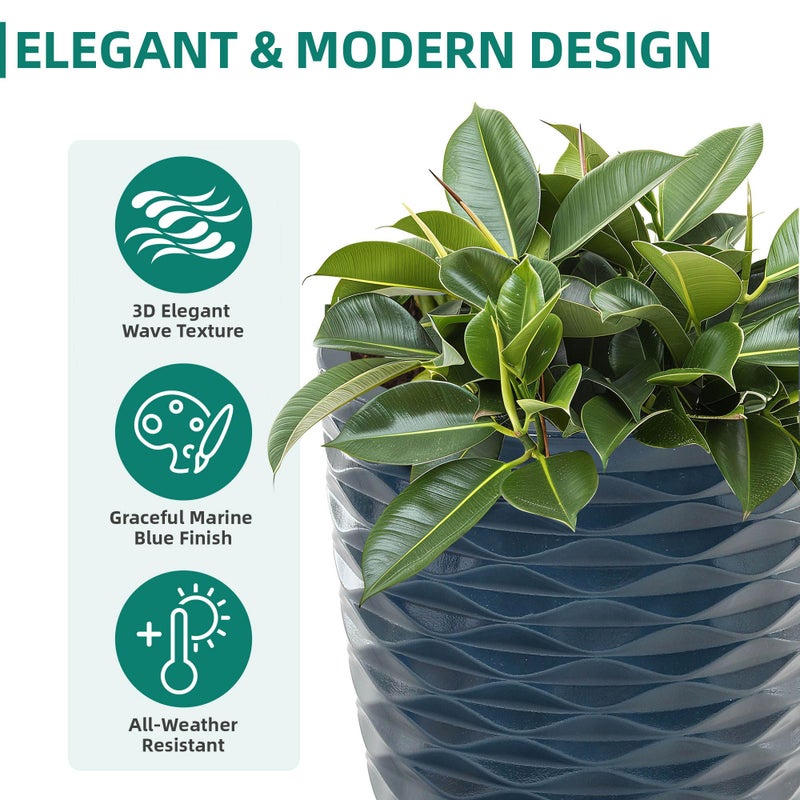 Ultym 19" H Coastal Planter for Indoor/Outdoor Plants, Set of 2 Large Flower Pot with Drainage Hole, Weather/UV Resistant Resin Planters for Garden Patio Porch Home office Decor, Glossy Navy Blue Wavy - Image 3