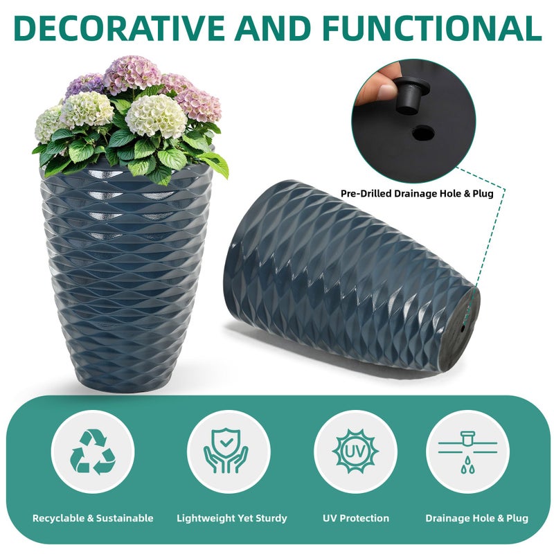Ultym 19" H Coastal Planter for Indoor/Outdoor Plants, Set of 2 Large Flower Pot with Drainage Hole, Weather/UV Resistant Resin Planters for Garden Patio Porch Home office Decor, Glossy Navy Blue Wavy - Image 4