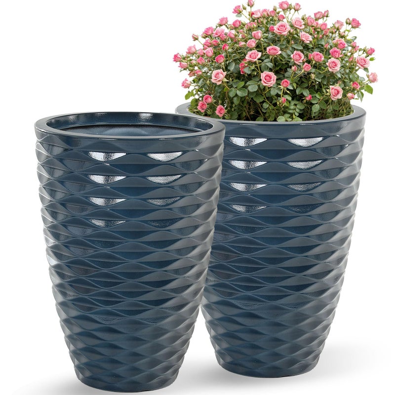 Ultym 19" H Coastal Planter for Indoor/Outdoor Plants, Set of 2 Large Flower Pot with Drainage Hole, Weather/UV Resistant Resin Planters for Garden Patio Porch Home office Decor, Glossy Navy Blue Wavy - Image 1
