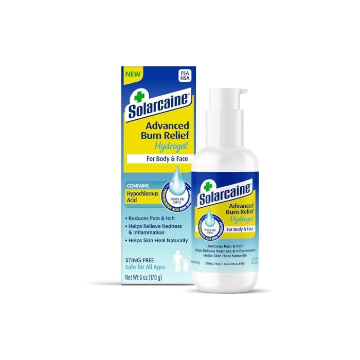 Solarcaine Advanced Cooling Hydrogel with Hypochlorous Acid, 6 oz Gel – Cooling After-Sun & Burn Gel | Soothes Discomfort, Itch & Redness – Sting-Free, Alcohol-Free, For Body & Face