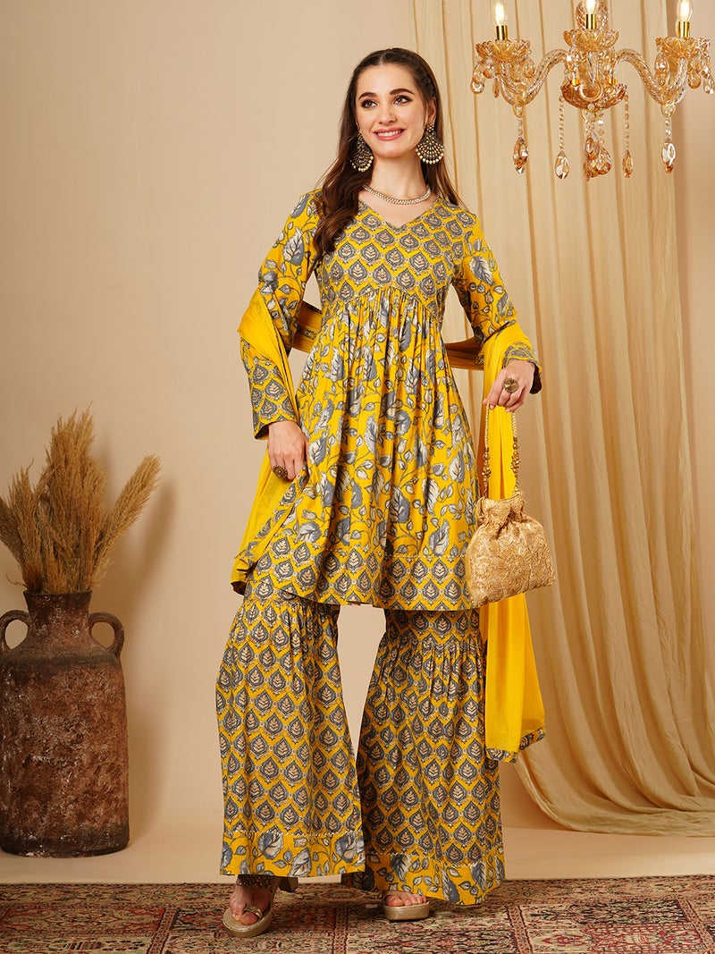 globus Women Floral Printed V-Neck Pleated Pure Cotton Straight Kurta With Sharara & Dupatta - Image 1