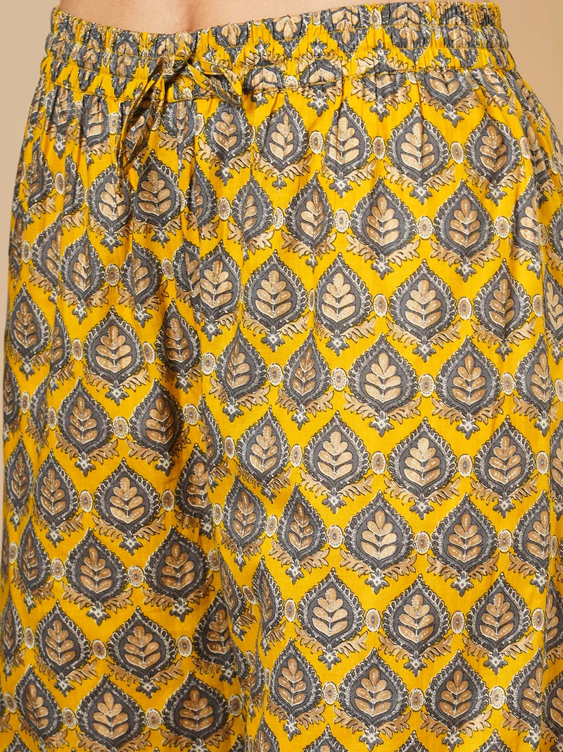 globus Women Floral Printed V-Neck Pleated Pure Cotton Straight Kurta With Sharara & Dupatta