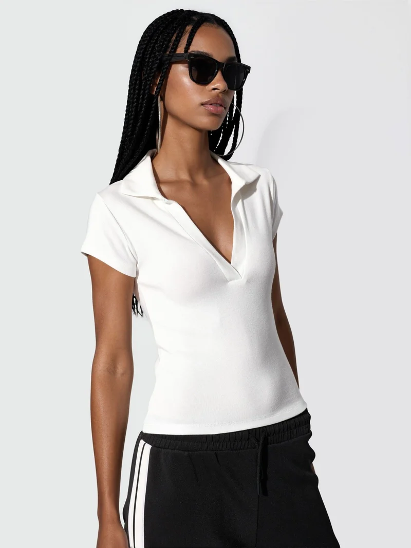 بوسيم BUSEM Ribbed Slim-Fit Polo Blouse