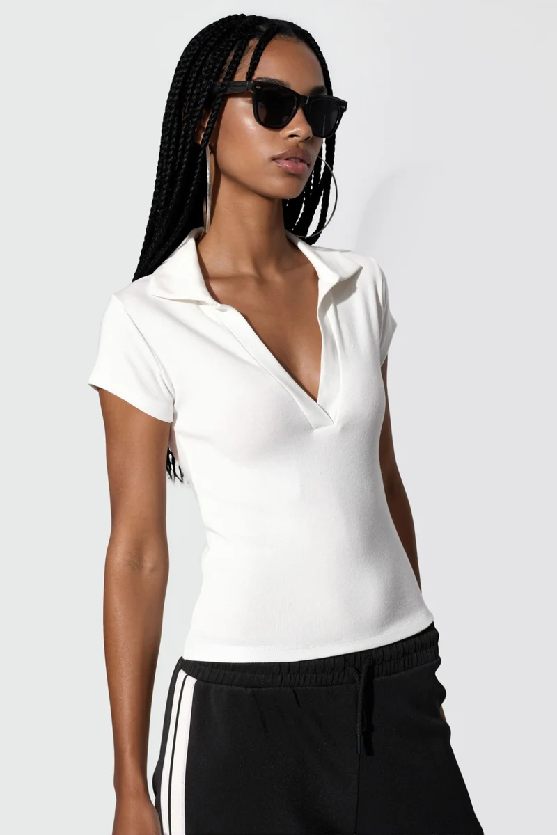 BUSEM Ribbed Slim-Fit Polo Blouse