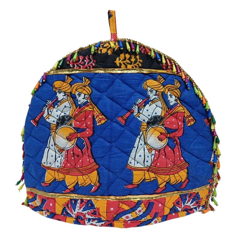POSHMANDALA Rajasthani Handmade Tea Cozy 100 Cotton Print with Mirror Kasida Kaudi Work Insulated Kettle Warmer for Tea Coffee Traditional Kitchen Dcor 14x11 Inches by Poshmandala Blue Dabbli  - Image 1