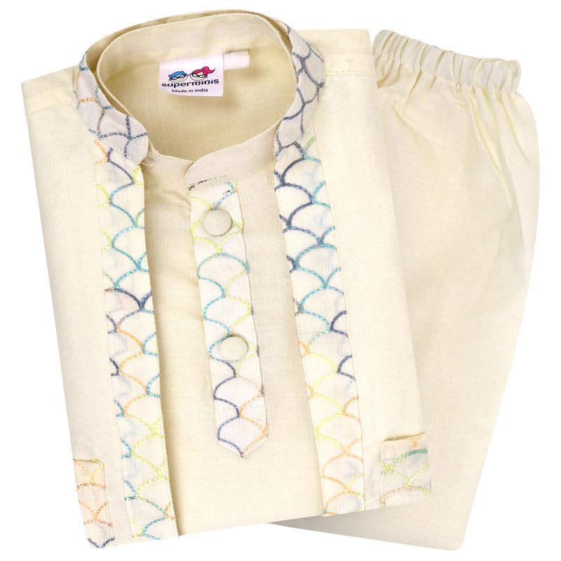 superminis Baby Boys Cotton Solid Kurta Set With Embroidered Boder Jacket And Pyjama (6-7 Years, Off White) - Image 1