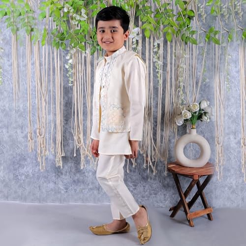 superminis Baby Boys Cotton Solid Kurta Set With Embroidered Boder Jacket And Pyjama (6-7 Years, Off White) - Image 4