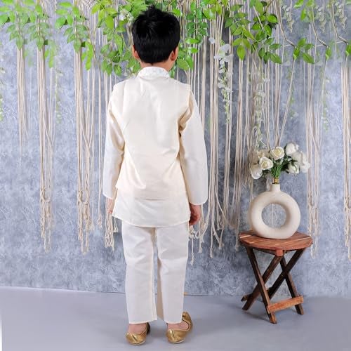 superminis Baby Boys Cotton Solid Kurta Set With Embroidered Boder Jacket And Pyjama (6-7 Years, Off White) - Image 3