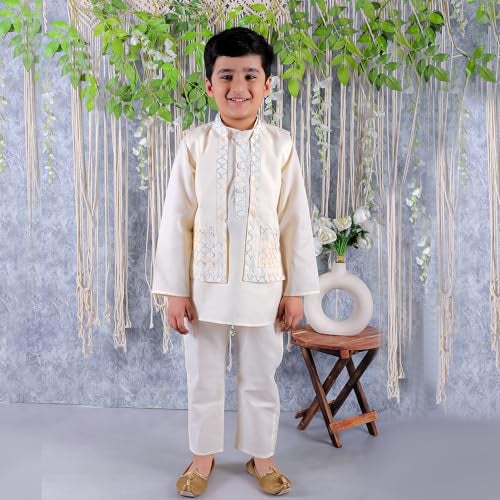 superminis Baby Boys Cotton Solid Kurta Set With Embroidered Boder Jacket And Pyjama (6-7 Years, Off White) - Image 2