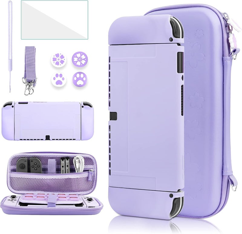 GLDRAM Carrying Case for Nintendo Switch OLED, 9 in 1 Cute Accessories Kit with Travelling Case, Soft TPU Cover, Glass Screen Protector, Thumb Grip Caps, Wrist Band, Shoulder Strap for Girls - Purple - Image 1