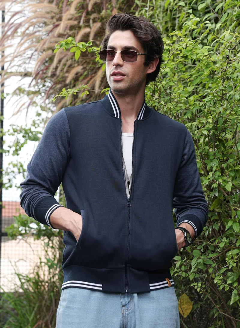 Campus Sutra Men Block Fleece Jacket | Baseball Collar, Long Ribbed Cuff Sleeves | Zipper , Ribbed-Straight Hem | Colourblock Fleece | Knitted Fabric For Casual & Daily Wear | Prussian Blue
