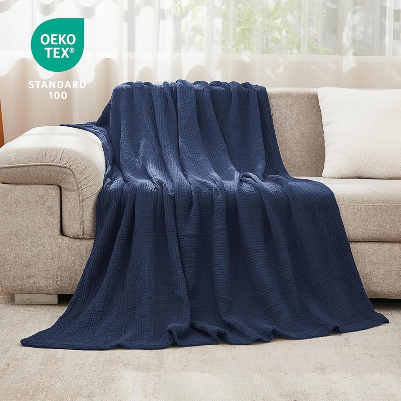 EMME Cotton Throw Blanket for Couch Soft Muslin Blankets 50"x60" Lightweight Breathable Blanket All Season Gauze, Navy - Image 4