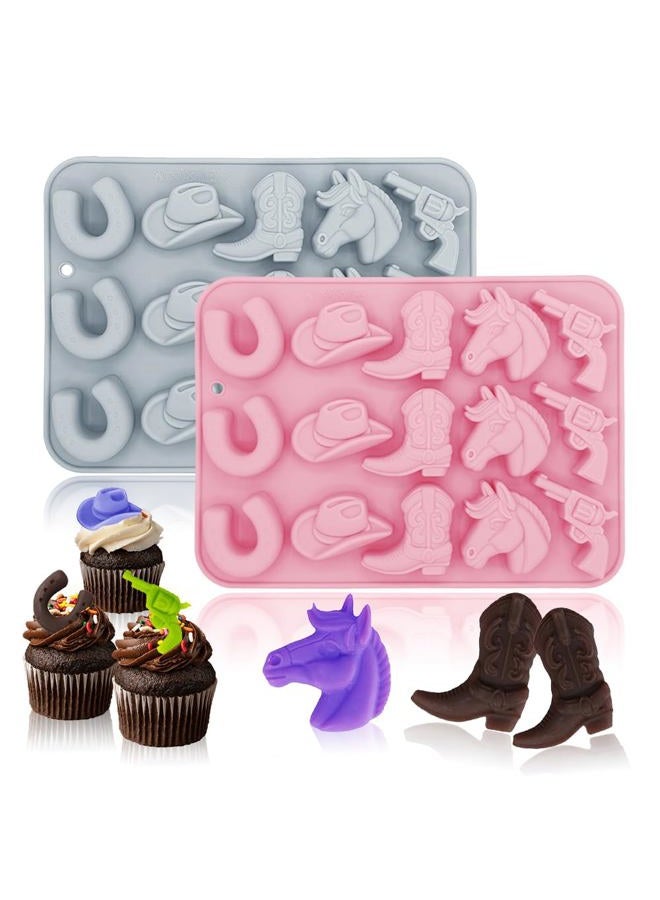 BENEKIY 2 Pack Cowboy Chocolate Silicone Molds 3D Western Themed Baking Mould Tray DIY Baking Tool with Cowboy Hat, Boot & Horse for Chocolate Cake Dessert Candy Mousse Pastry Handmade Soap Cupcake Topper - Image 1