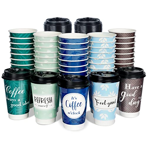 Bapmnicc Disposable Coffee Cups with Lids 16 oz, 50 Pack Double-Walled Fun Designs, Insulated, Hot Beverage Paper Cups for Cold & Hot Drinks - Image 1