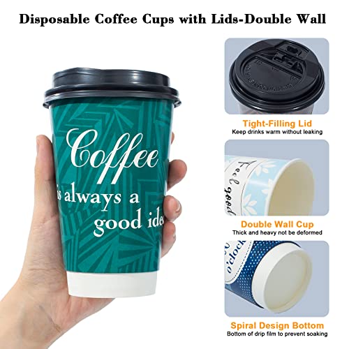 Bapmnicc Disposable Coffee Cups with Lids 16 oz, 50 Pack Double-Walled Fun Designs, Insulated, Hot Beverage Paper Cups for Cold & Hot Drinks - Image 5