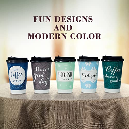Bapmnicc Disposable Coffee Cups with Lids 16 oz, 50 Pack Double-Walled Fun Designs, Insulated, Hot Beverage Paper Cups for Cold & Hot Drinks - Image 4