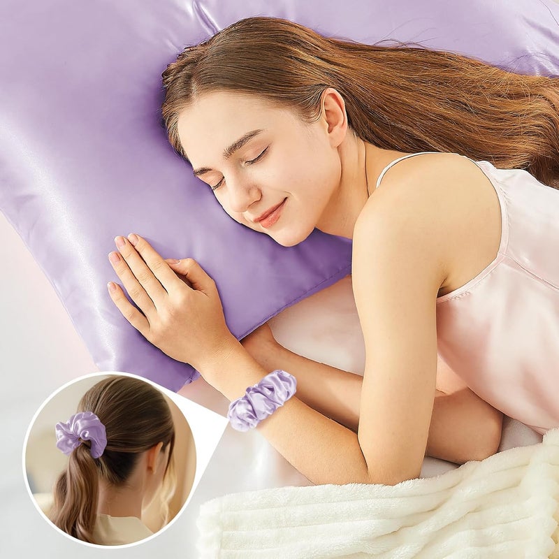 BEDELITE Satin Cushion Cover, Set of 2, 80 x 80 cm, Lavender | Silk Pillowcase Alternative, Soft for Summer, 2 Hair Bobbles Included, for Hair and Skin - Image 4