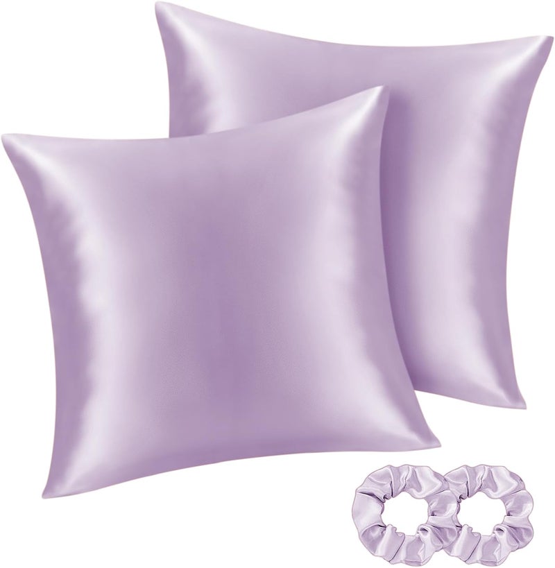 BEDELITE Satin Cushion Cover, Set of 2, 80 x 80 cm, Lavender | Silk Pillowcase Alternative, Soft for Summer, 2 Hair Bobbles Included, for Hair and Skin - Image 1