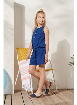 Kids Girl Plain Button Front Rompers, Blue