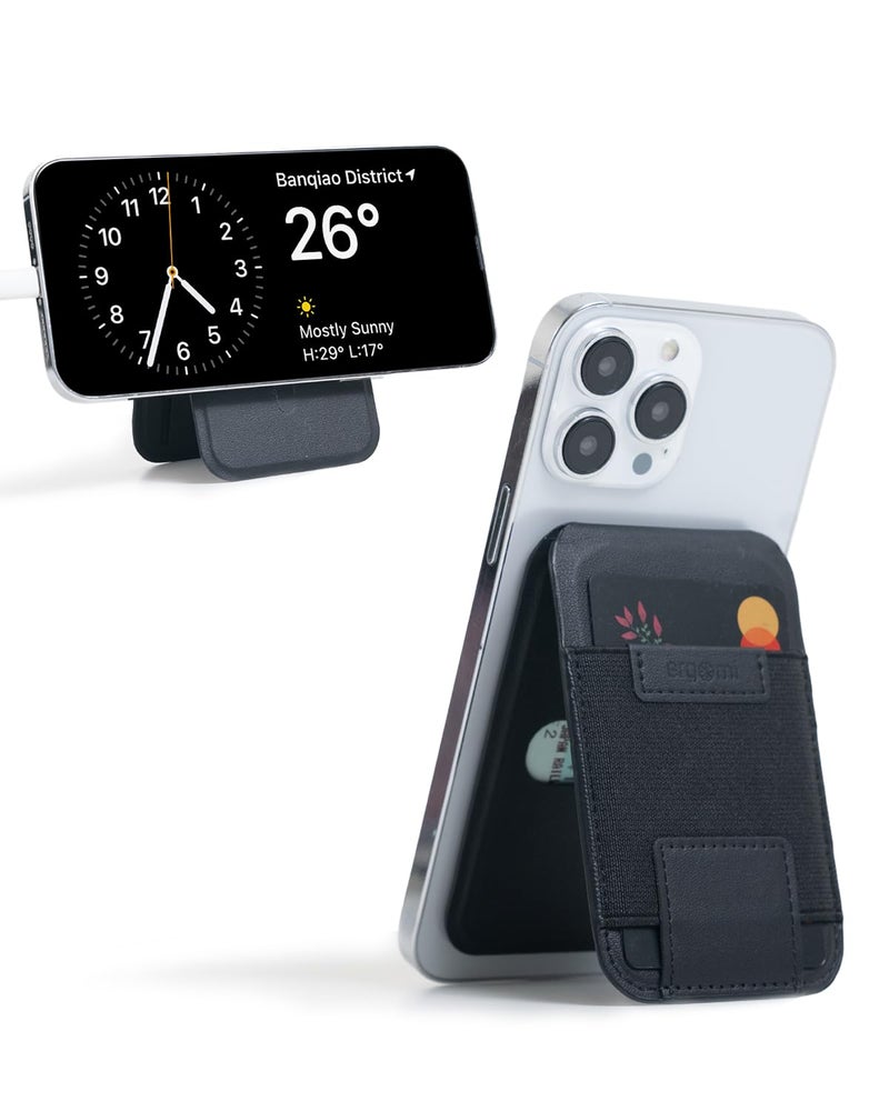 ergomi Mag-Safe Wallet Magnetic Wallet for iPhone 16/15/14/13/12, Magnetic Card Holder with Adjustable Stand, Vegan Leather Slim Phone Wallet, Strong Magnets, 3 Card Slots, Black - Image 1