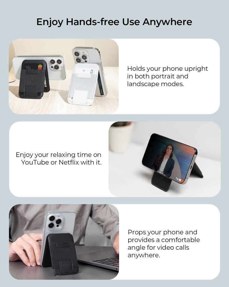 ergomi Mag-Safe Wallet Magnetic Wallet for iPhone 16/15/14/13/12, Magnetic Card Holder with Adjustable Stand, Vegan Leather Slim Phone Wallet, Strong Magnets, 3 Card Slots, Black - Image 3