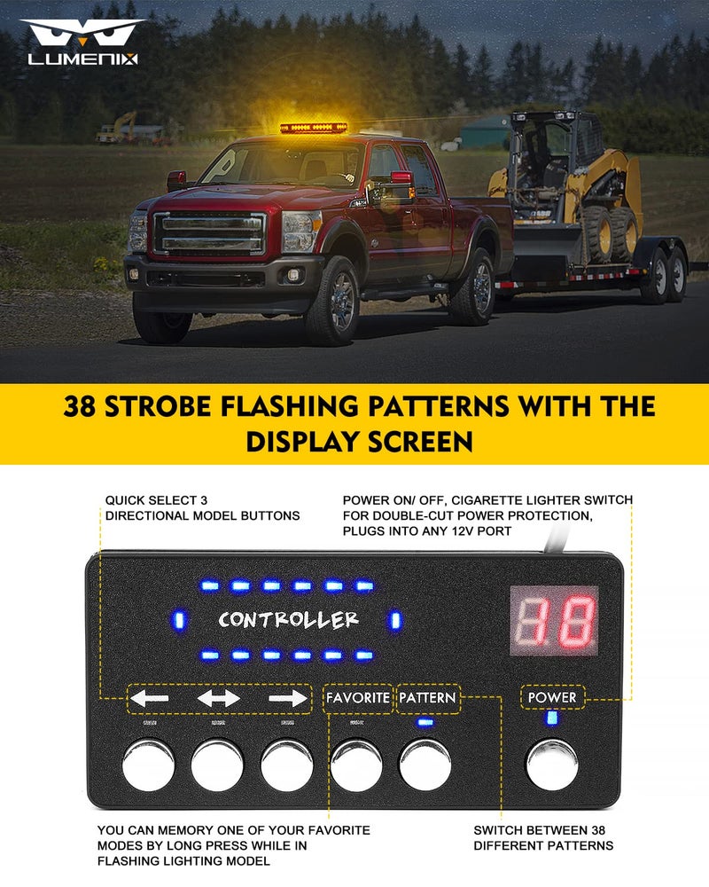 LUMENIX LED Rooftop Strobe Beacon Lights Bar w/Controller Magnetic Emergency Traffic Warning Safety Caution Flashing Light for Construction Vehicles Snow Plow Tow Trucks Postal - Amber (Patent Design) - Image 3