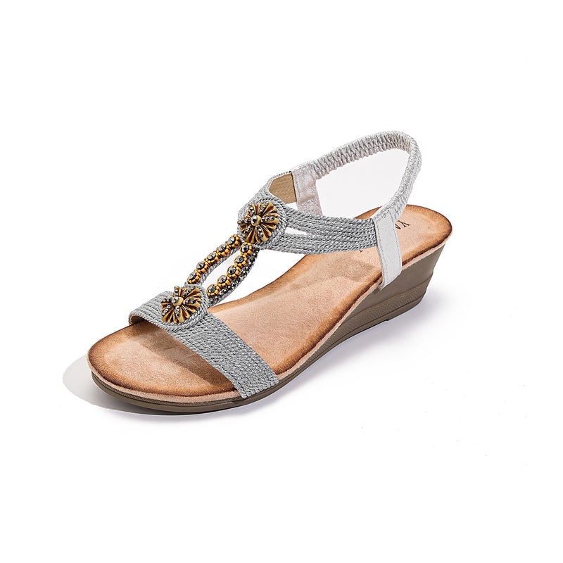 255-3 New Model 2025 Ethnic Style Bohemian Retro Wooden Buckle Elastic Band Rhinestone Wedge Heel - Image 5