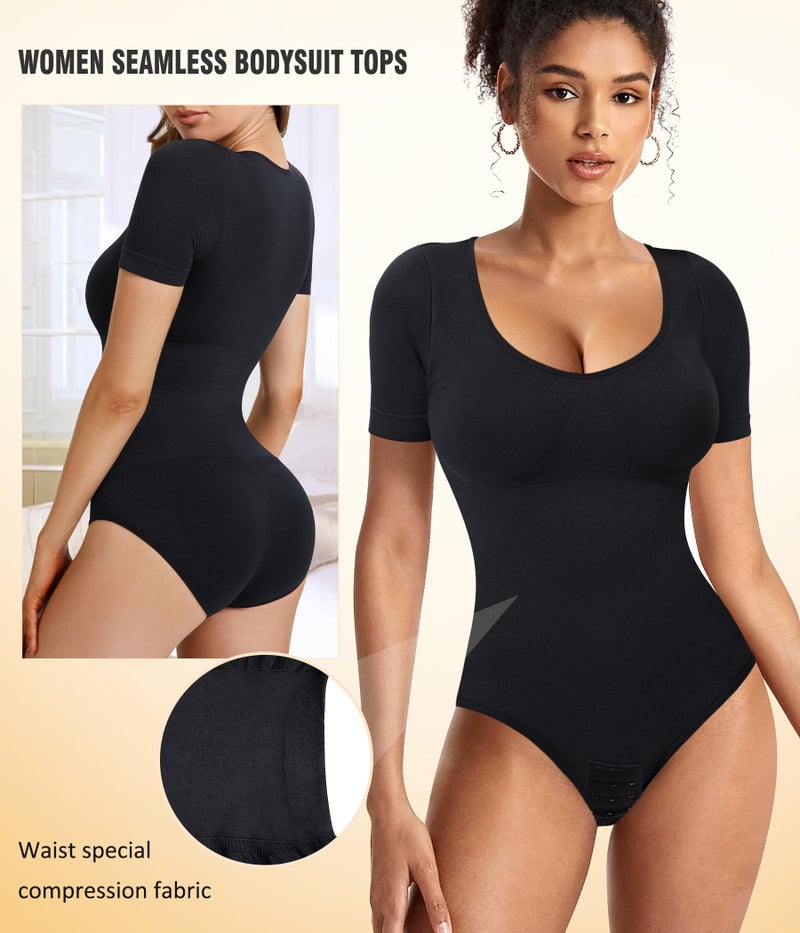 Irisnaya Seamless Bodysuit for Women Tummy Control Shapewear Round Neck Body Shaper Short Sleeve Jumpsuit Top Going Out Shirt (Black, X-Large) - Image 2