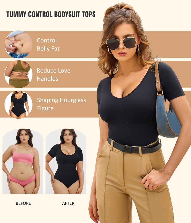 Irisnaya Seamless Bodysuit for Women Tummy Control Shapewear Round Neck Body Shaper Short Sleeve Jumpsuit Top Going Out Shirt (Black, X-Large) - Image 4