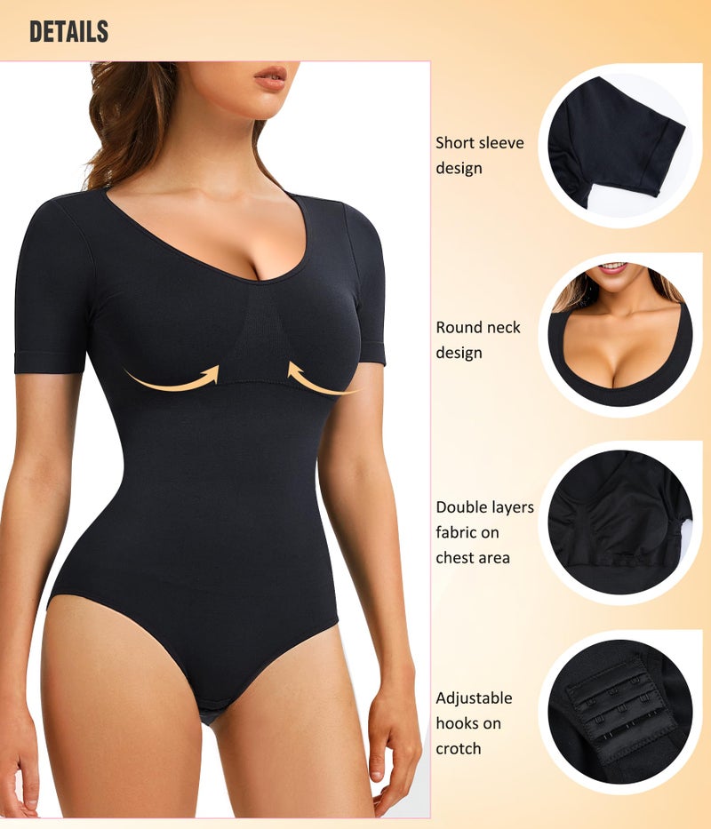 Irisnaya Seamless Bodysuit for Women Tummy Control Shapewear Round Neck Body Shaper Short Sleeve Jumpsuit Top Going Out Shirt (Black, X-Large) - Image 3