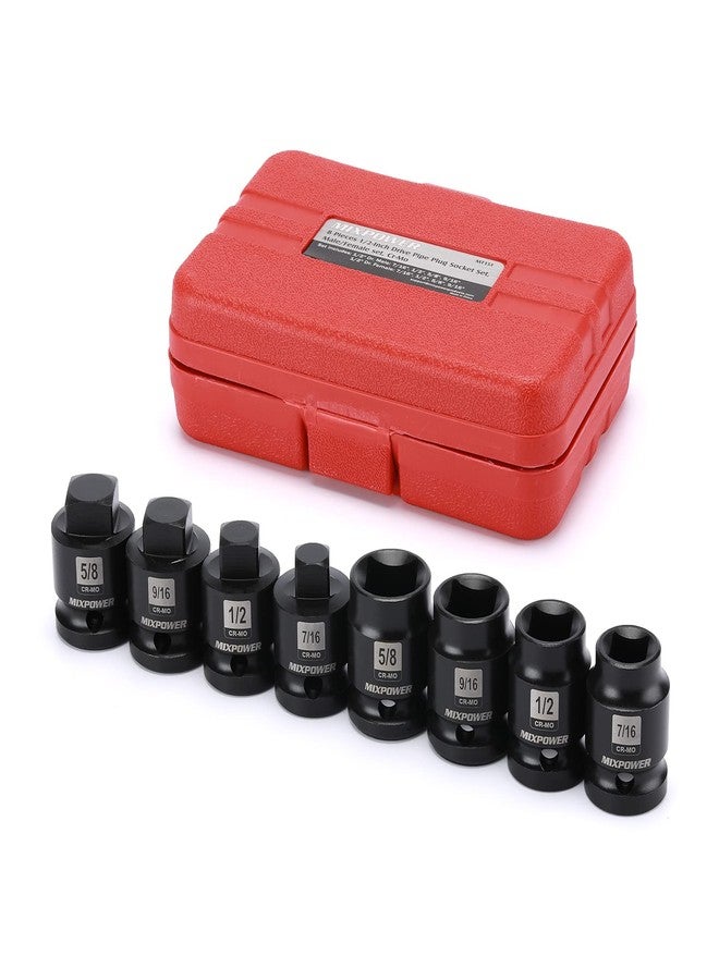 MIXPOWER 8 Pieces 1/2-inch Drive Pipe Plug Socket Set, SAE, CR-MO, Tapered Male Square Drive, Chamfered Female Square Drive - Image 1