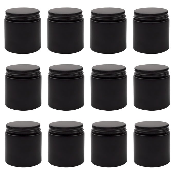 CORNUCOPIA 4OZ BLACK COATED GLASS JARS 12PACK COSMETIC JARS WITH BLACK METAL LIDS AND BLACK MATTE EXTERIOR 4OUNCE
