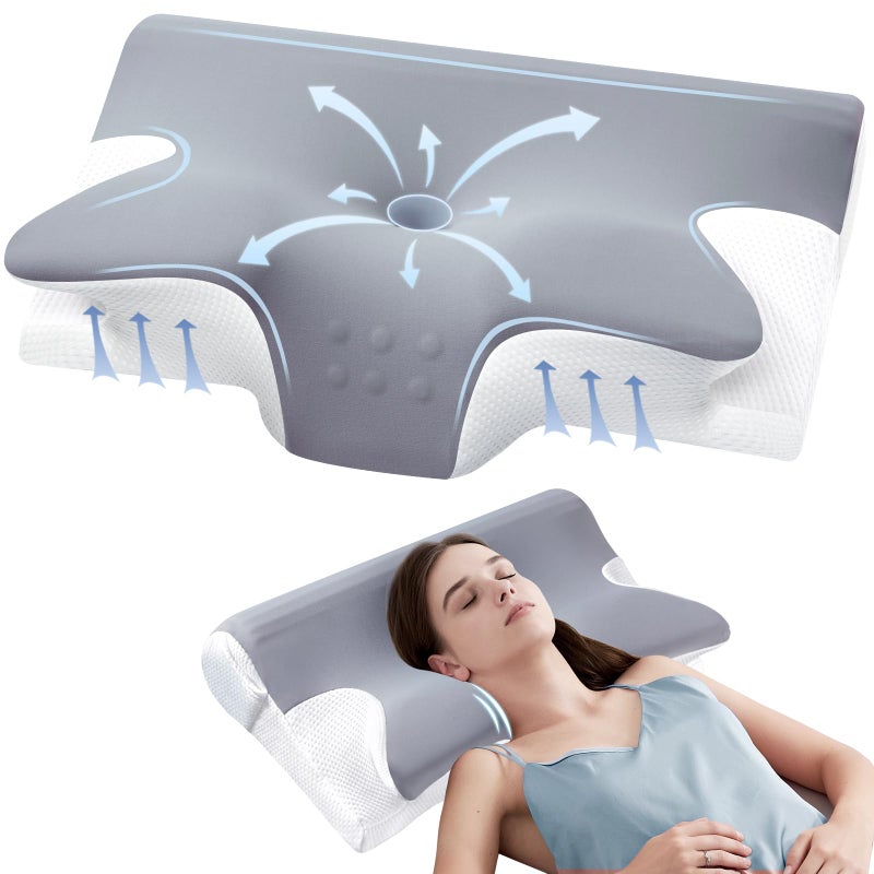 Effective Pain Relief Cervical Neck Pillow for Sleeping Memory Foam Pillows for Neck Support Odorless Contour Side Pillow Ergonomic Bed Pillow for Back Stomach Sleeper Grey and White