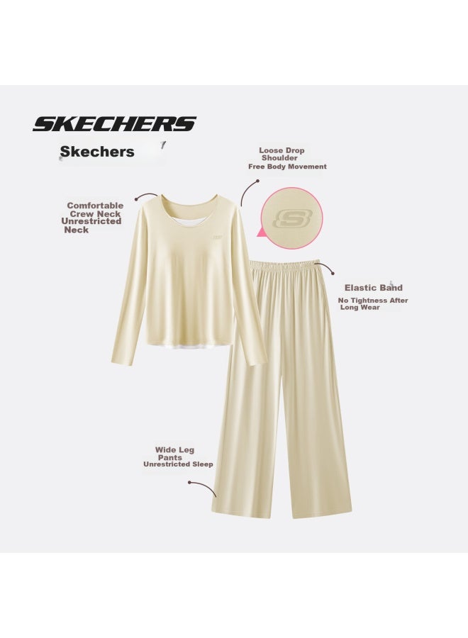 Skechers Women's Padded Sleepwear Set, Simple Round Neck Long Sleeve Pajamas, Comfortable Casual Loungewear Set