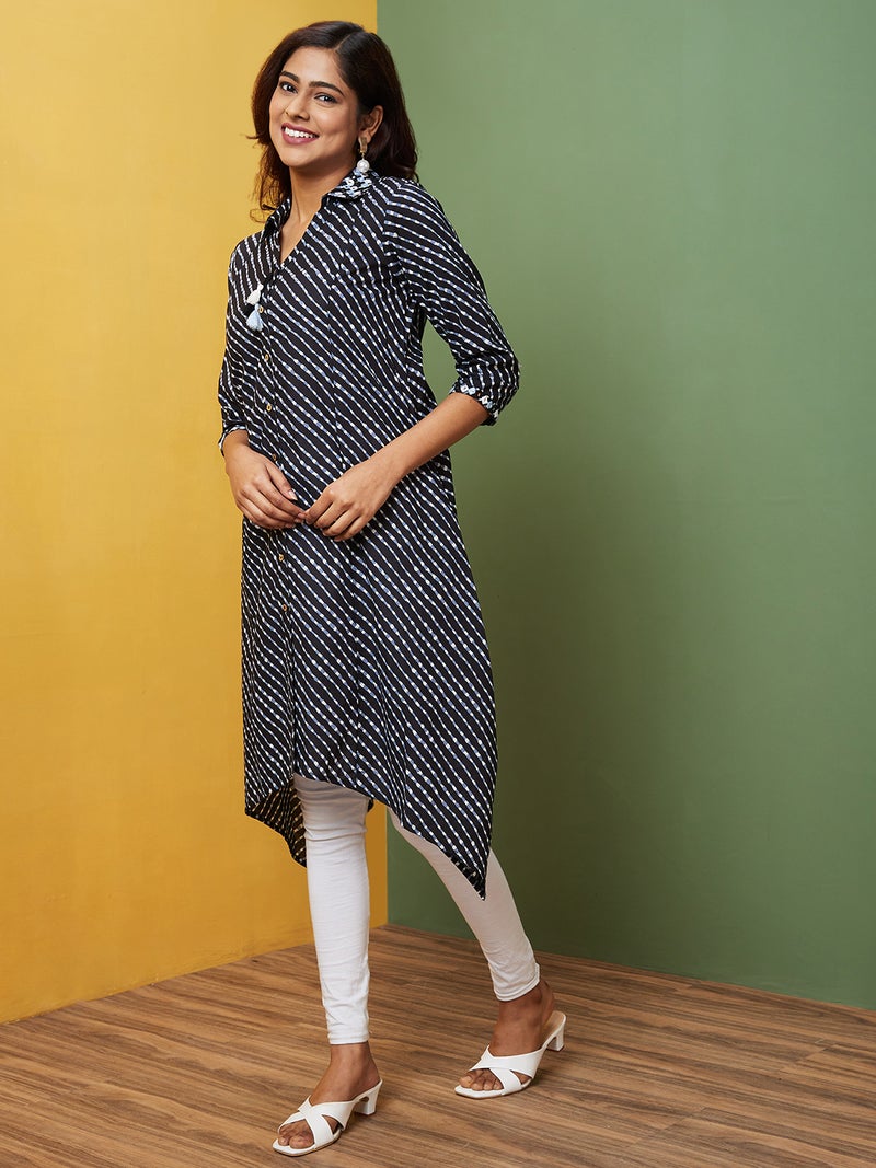globus Globus Women Striped Printed Shirt Collar A-Line Kurta - Image 2